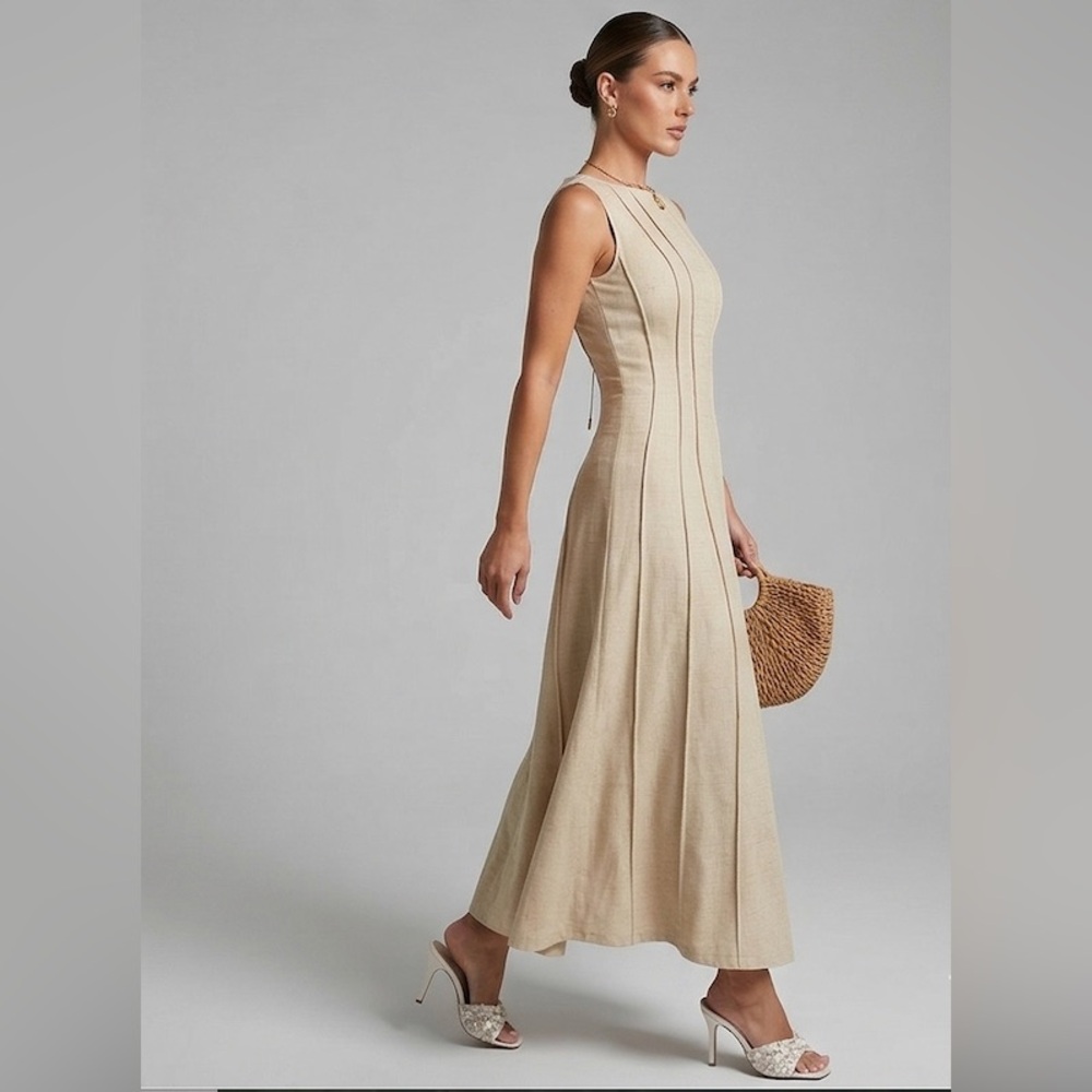 Split Pleated Waist A-Line Dress Beige - Picture 4 of 9